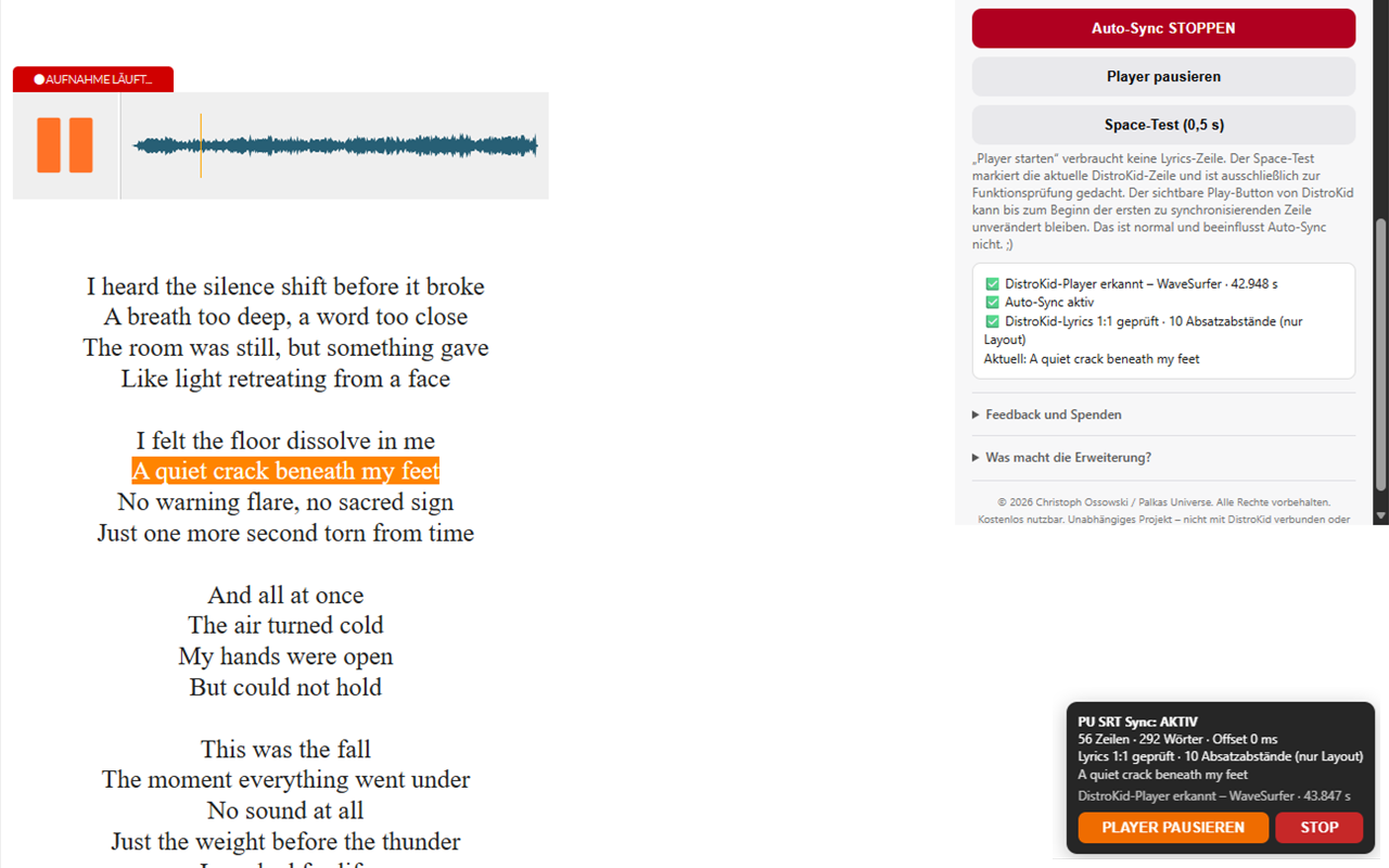 SRT Sync operating in the DistroKid Synced Lyrics Editor